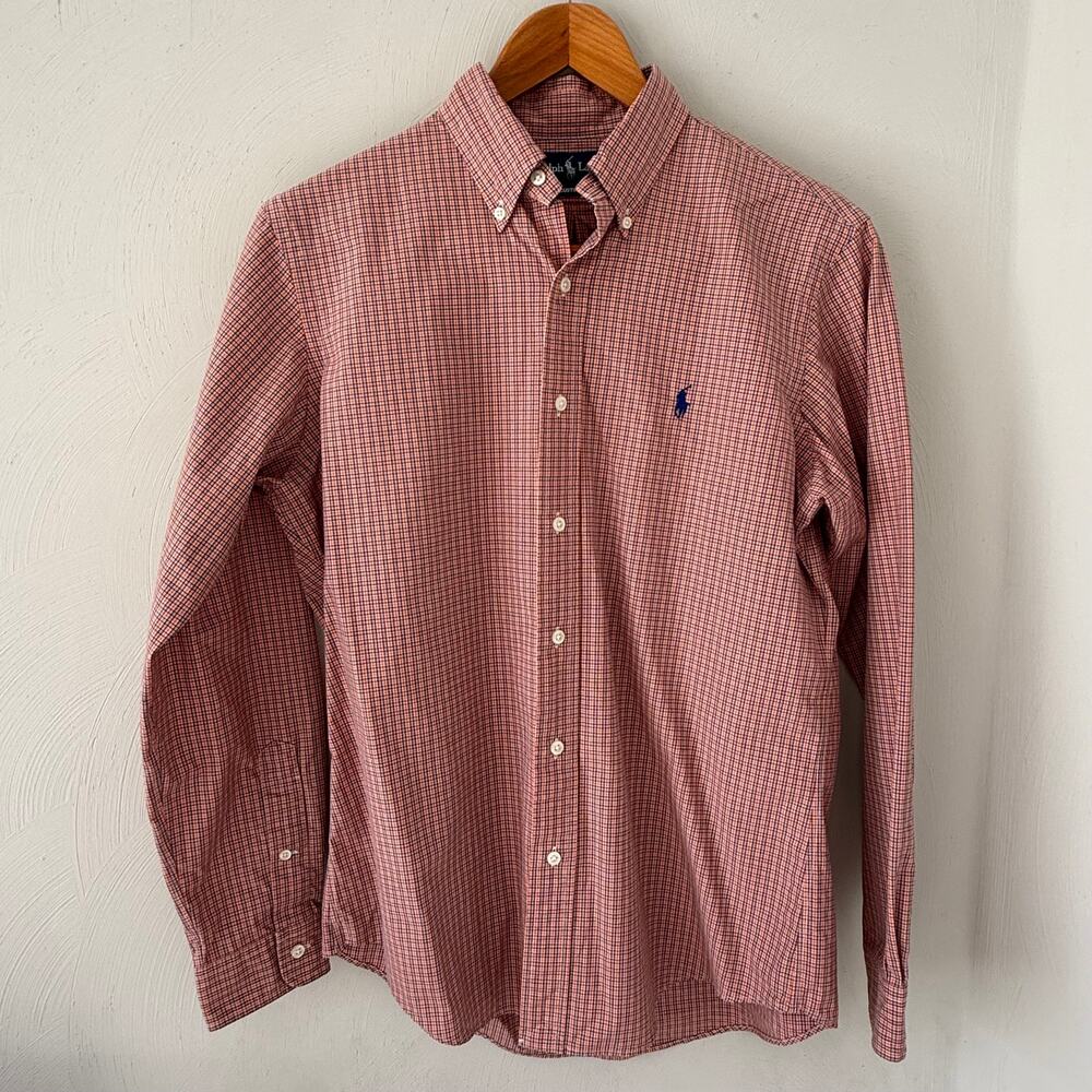 Ralph Lauren Custom Fit Oxford Shirt size M Orange and Blue Gingham Long Sleeve
